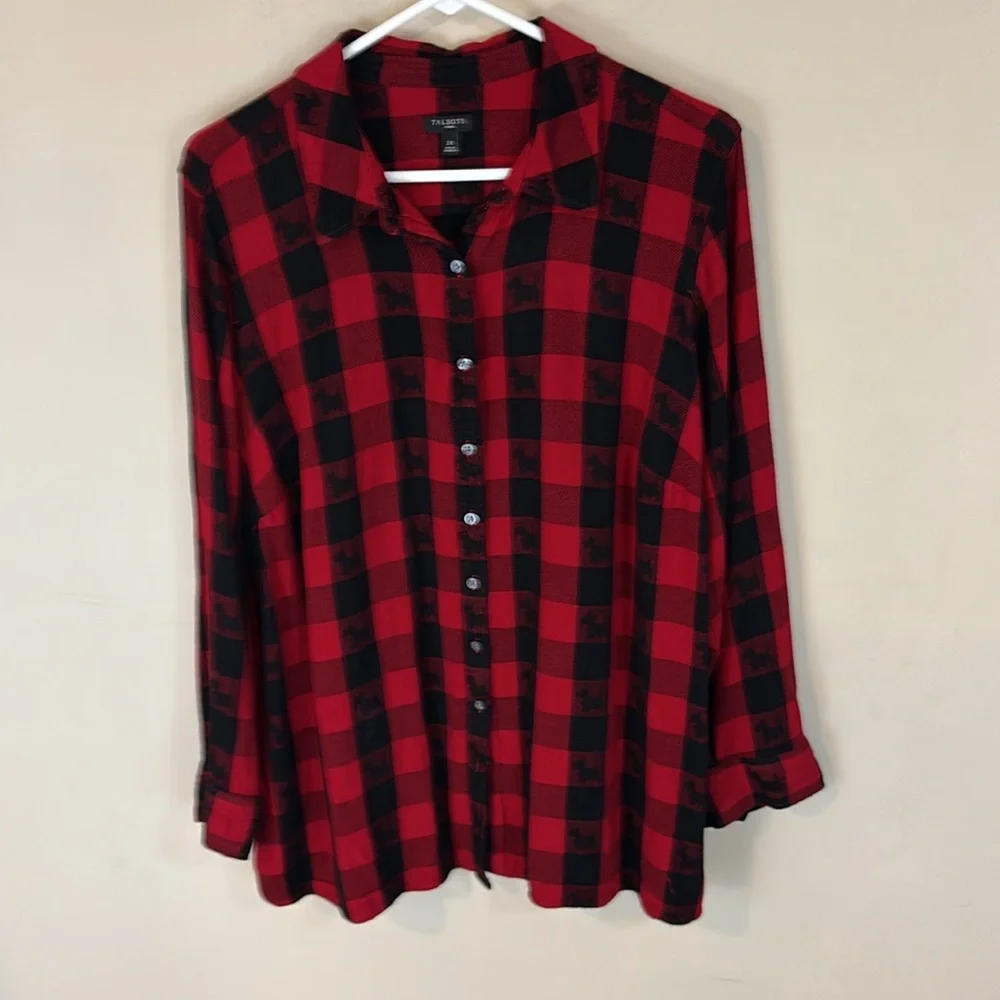 Talbots Red Buffalo Plaid Scottie Dogs Stretch Shirt Size 2X